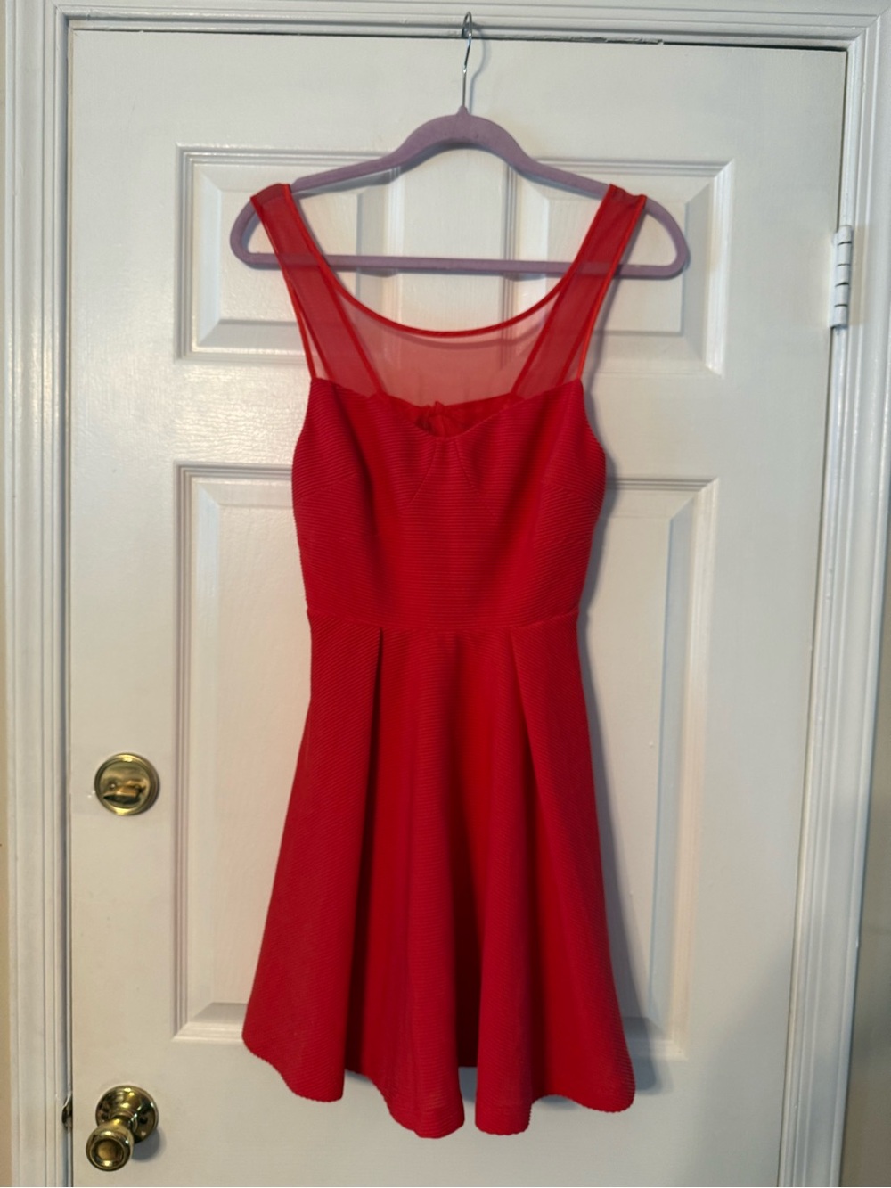 BCBGeneration Red Mesh Yoke Fit-and-Flare Mini Dress